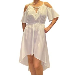SYLK White Romantic Dress with Off the Shoulder Draped Sleeves